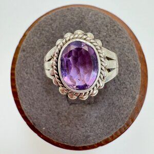 VTG Sterling Silver 925 Amethyst Bezel Set Beaded Border Statement Ring Size 6